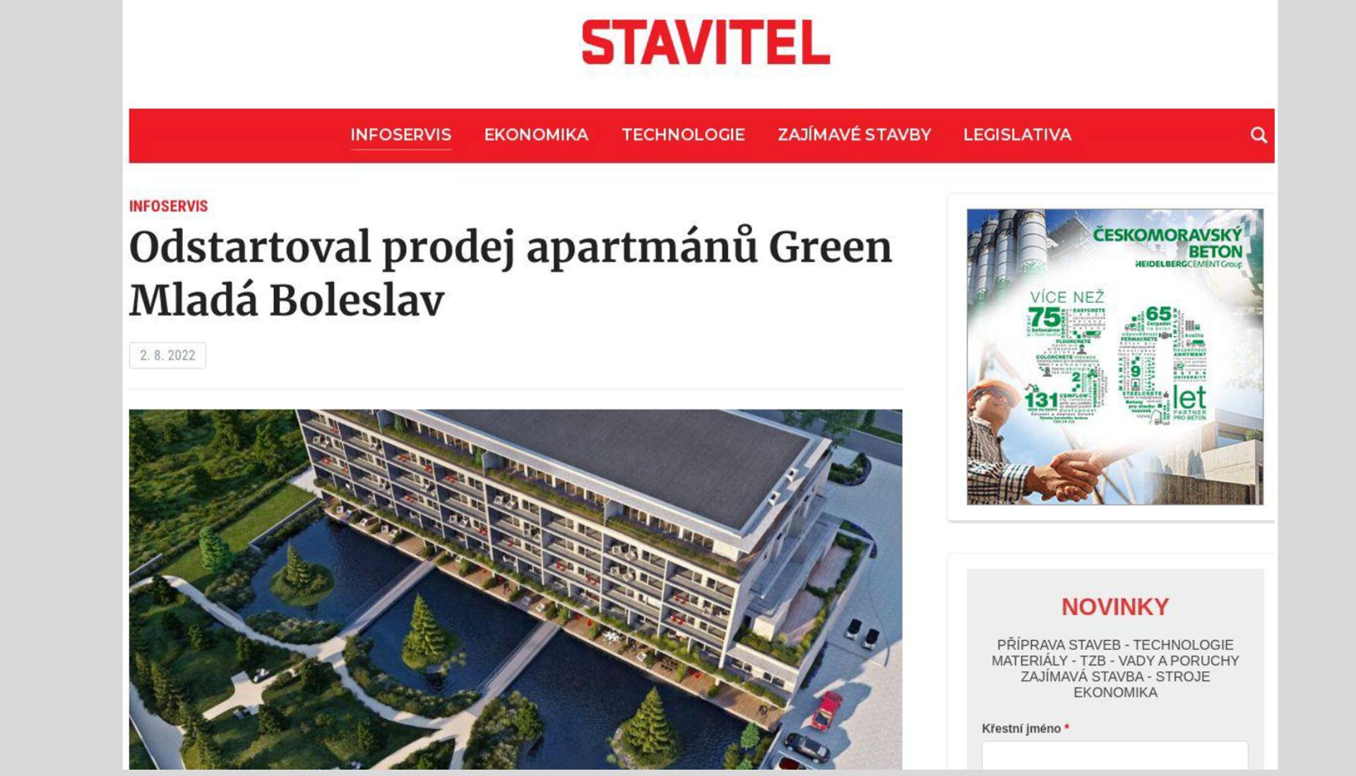 STAVITEL: Odstartoval prodej apartmánů Green Mladá Boleslav
